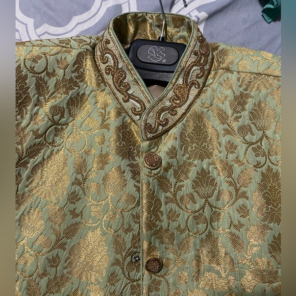 Fancy Sage and Gold Silk Sherwani - Picture 4 of 4